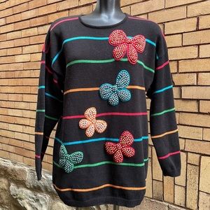 Vintage L’Eau Vive Butterfly Pearl Embellished Sweater Black Size Medium